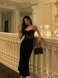 Cinessd Gorgeous Sheath Spaghetti Straps Black Lace Date Night Dress Long Prom Dresses Birthday Outfits SD1078