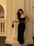 Cinessd Gorgeous Sheath Spaghetti Straps Black Lace Date Night Dress Long Prom Dresses Birthday Outfits SD1078