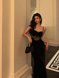 Cinessd Gorgeous Sheath Spaghetti Straps Black Lace Date Night Dress Long Prom Dresses Birthday Outfits SD1078