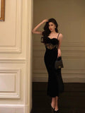 Cinessd Gorgeous Sheath Spaghetti Straps Black Lace Date Night Dress Long Prom Dresses Birthday Outfits SD1078