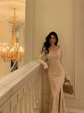 Cinessd Classy Mermaid Long Sleeves Ivory Slit Prom Dresses Birthday Outfits Evening Gown SD1095