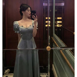 Cinessd Classy A Line Sweetheart Blue Satin Prom Dresses Birthday Outfits Evening Gown SD1109