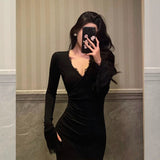 Cinessd Classy Mermaid V Neckline Long Sleeves Black Prom Dresses Birthday Outfits SD1133