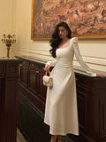 Cinessd Elegant A line Square Neckline Long Sleeves White Prom Dresses Birthday Outfits Evening Gown SD975