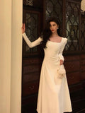 Cinessd Elegant A line Square Neckline Long Sleeves White Prom Dresses Birthday Outfits Evening Gown SD975