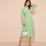 Cinessd - Frilled Cuff Pleated Panel Fit And Flare Maxi Dress