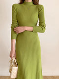 Cinessd Autumn Winter 2023 Slim Long Sleeve Party Midi Dress for Women Knitted Half High Collar Elegant Knitted Sweater Dresses Ladies