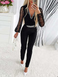 Cinessd Jumpsuits Women One Piece V Neck Full Sleeve Tight High Waist Overalls Casual Sheath Long Pencil Pants Rompers Slim Fit