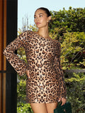 Cinessd Sequins Leopard Print Mini Dress Women O-neck Long Sleeve Loose Chic Glitter Short Street Dresses Holiday Party Evening Robe