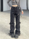 Cinessd Women's Black Gothic Y2k Jeans Vintage 90s Aesthetic Hip Hop Denim Trousers Harajuku High Waist Cowboy Pants 2000s Punk Clothes