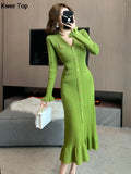 Cinessd Christmas Gift Outfit Fashion Green Single Breasted Women Knitted Dress Chic Flared Sleeve Ruffles Hem Long Dresses 2024 Female Office Elegant Robes