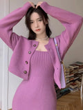 Autumn Winter Sweater Knitted Dresses for Women Two-piece Sets Single Breasted Cardigan Bodycon Dress Korean Fashion Outfits New