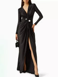 Cinessd Elegant Bridesmaid Dress Women 2024 New Solid Color Long Sleeves Deep V-Neck Tied Waist Pleated Party Evening Dresses