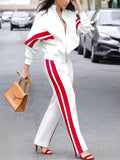 Cinessd 2024 New Spring Women Fashion Casual Striped Straight Leg Pants Loose Long Sleeves Zipper Stand Collar Jackets Outerwear