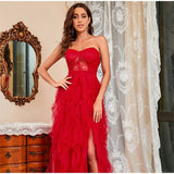 Cinessd - Lace Mesh Off Shoulder High Waist Evening Dress