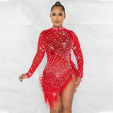 Cinessd Christmas outfit  Sexy Pearls Rhinestone Party Dresses Women Elegant Nightclub Feather Birthday Dress Long Sleeve Mesh Sheer Bodycon Dress