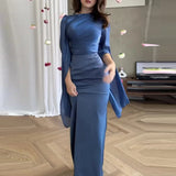 Cinessd Temperament Mesh Satin Stitching Dresses Elegant Women Split Sleeved Crew Neck Maxi Dress 2024 Chic Solid Waisted Evening Dress