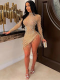 Cinessd Christmas outfit  Sexy Pearls Rhinestone Party Dresses Women Elegant Nightclub Feather Birthday Dress Long Sleeve Mesh Sheer Bodycon Dress