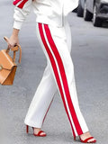 Cinessd 2024 New Spring Women Fashion Casual Striped Straight Leg Pants Loose Long Sleeves Zipper Stand Collar Jackets Outerwear