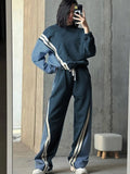 Cinessd Contrast Striped Women Pullover Set Wide Leg Elastic Waist Pants Suits 2024 Autumn O-neck Denim Patchwork Top Trousers Outfits