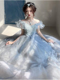 Cinessd 2025 Women Blue Tulle Layered Prom Dresses Slash Neck Flying Sleeve Quinceanera Dresses Female Long Evening Gowns