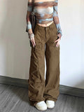 Cinessd Women's Brown Y2k Cargo Jeans Harajuku Denim Trousers 90s Aesthetic Y2k Jean Pants Vintage Japanese 2000s Style Trashy Clothes