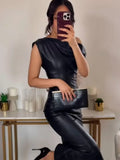 Cinessd  Christmas Gift Outfit Elegant Solid Off Shoulder Sleeveless Leather Dress Fashion Sloping Collar Backless Long Dresses New Female Evening Party Robes