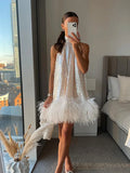 Cinessd Elegant White Sequins Feather Hem Mini Dress Women Sexy Off Shoulder Loose Halter Dresses 2024 New Shiny Female Party Vestidos