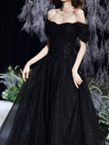 Cinessd - Black Square Collar Prom Party Dresses for Women Tulle Sleeve Shining Floor-Length Pageant Gown Back Bandage Slim Banquet Gown