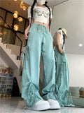 Cinessd Women Green Cargo Pants Vintage Y2k Harajuku Aesthetic Streetwear Lace-up Parachute Pants High Waist Wide Trousers 2000s Clothes