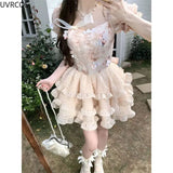 Summer Sweet Lolita Party Mini Dress Women Kawaii Lace Bow Ruffles Flowe Fairy Dresses Female Korean High Waist Princess Dresses