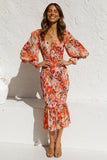 Cinessd - Women Sexy V Neck Floral Printed Ruffle Maxi Dresses