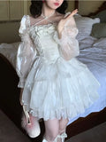 Japanese Sweet Fairy Lolita Dress Women White Mesh Elegant Princess Dress Female Bow Casual Evening Party Dress Summer 2023 Slim