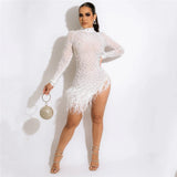 Cinessd Christmas outfit  Sexy Pearls Rhinestone Party Dresses Women Elegant Nightclub Feather Birthday Dress Long Sleeve Mesh Sheer Bodycon Dress