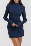 Cinessd Patchwork Mini Dress with Long Slee-Sleeve and High Waist