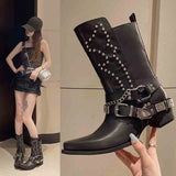 Cinessd Goth Woman Shoes Cowboy Boots Botins Low Black New Rock Pole Dance Rivet Chunky Heels Western Pointed Toe Metal Chains Trending