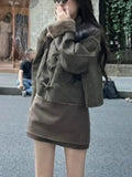 French Vintage Jacket Women Pockets Sets Elegant Female Korean Fashion Loose Overcoat Suit Casual Long Sleeve Coat+leather Skirt