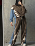 Cinessd Contrast Striped Women Pullover Set Wide Leg Elastic Waist Pants Suits 2024 Autumn O-neck Denim Patchwork Top Trousers Outfits