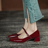 Cinessd New Women's Red Black Mary Janes Shoes High Quality Leather Low Heel Dress Shoes Square Toe Shallow Buckle Strap Women's Shoes