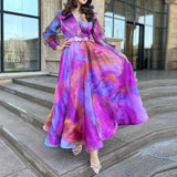 Cinessd Spring Women Casual Swing Boho Dresses Vintage Tie-dyed Printed Chiffon Dress Fashion V-neck Lantern Sleeve Holiday Long Dress