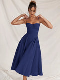 Cinessd Elegant Women Dress Spaghetti Strap A-line Loose Midi Dresses Female Sleeveless Backless French Retro Long Dress