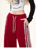 Cinessd Women's Striped Lace Baggy Pants Vintage Sweatpants Harajuku Aesthetic Y2k Parachute Pants High Waist Trousers 2000s Clothes New