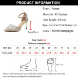 Cinessd Elegant Silver High Heels Pumps Women 2023 Autumn Plus Size 42 Ankle Straps Party Shoes Woman Pointed Toe Bowtie Wedding Shoes