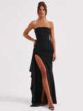 Cinessd Strapless Backless High Split Maxi Dress For Women Black Off-shoulder Sleeveless Bodycon Club Party Long Dress Clothes