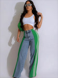 Cinessd Fashion Patchwork Jeans Women High Waist Wide Leg Pants Summer Autumn Casual Retro Pockets Hip-hop Denim Trouser 2024 Blue Black