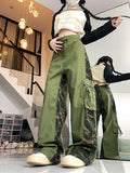 Cinessd Women's Green Patchwork Y2k Jeans Vintage Baggy Denim Trousers Aesthetic Harajuku Jean Pants Japanese 2000s Style Trashy Clothes