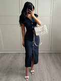 Cinessd Fashion Denim Single-breasted Lapel Women Dresses Elegant Pleated Sleeveless Split Long Dress 2024 New Lady High Street Vestidos