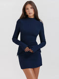 Cinessd Dark Blue Two Pocket Sexy Mini Dress For Women 2023 Autumn Winter New Long Sleeve Bodycon Club Party Dress Elegant