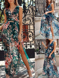 Cinessd - Chiffon Floral Print V-neck Sleeveless Beach Party Dress