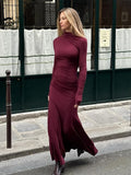 Cinessd Christmas outfit 2024 Solid Elegant Women's Mock Neck Bodycon Dress Fashion Long Sleeves Pleated Hem Maxi Robe Female Autumn Chic Party Dresses